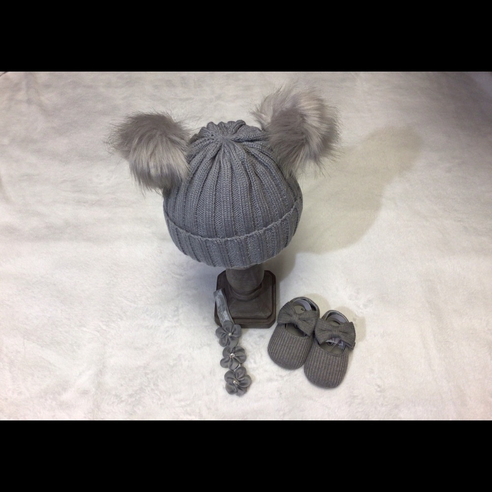 Warm new Baby Hat furry Pom Pom, First walkers Baby shoes & Headband